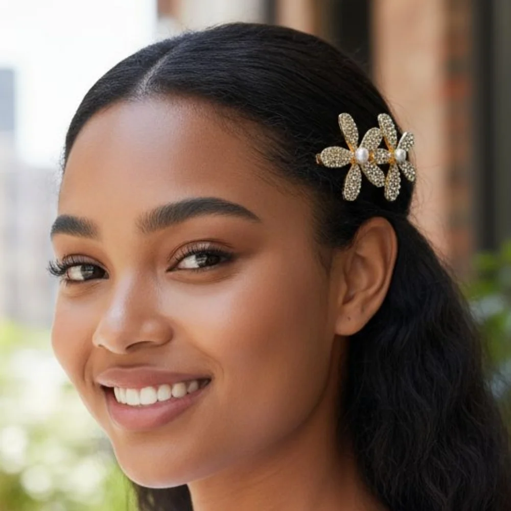Rhinestone Double‎ Flower Hair Clip- Available In Gold or Silver